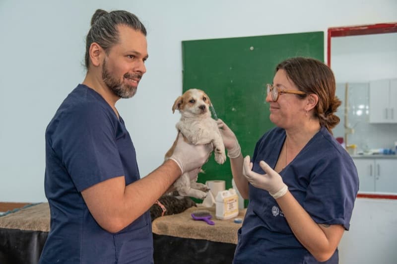 Dos profesionales veterinarios sonriendo mientras sostienen a un cachorro