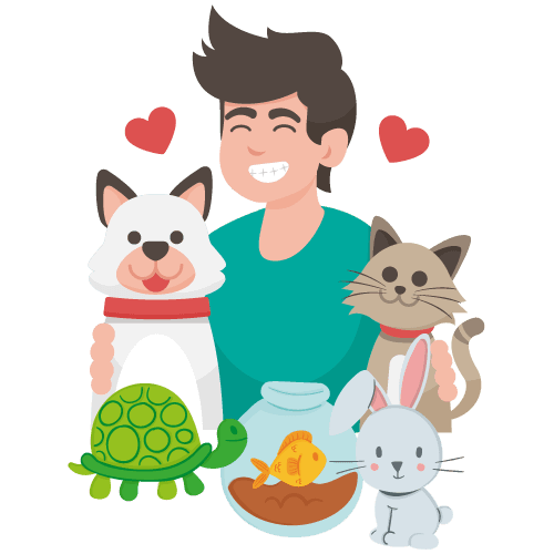 Persona rodeada de sus mascotas: perro, gato, tortuga, pez y conejo